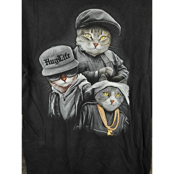 Cat Rapper Trio Hug Life Black Cotton T-Shirt By DOM Size Med - Picture 2 of 5